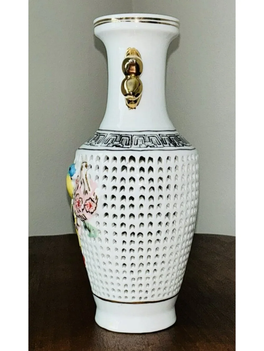 Vintage Chinese Reticulated Bird Vase Gold Handles Porcelain 8.25